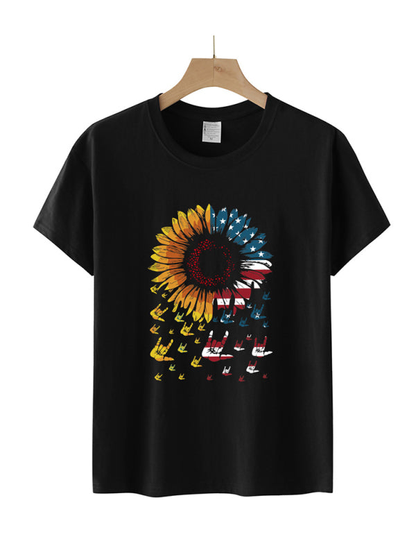 Women's Sunflower Flag Print Short Sleeve T-Shirt-[Adult]-[Female]-2022 Online Blue Zone Planet