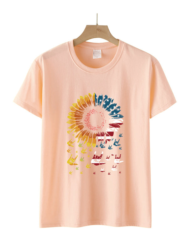 Women's Sunflower Flag Print Short Sleeve T-Shirt-[Adult]-[Female]-2022 Online Blue Zone Planet