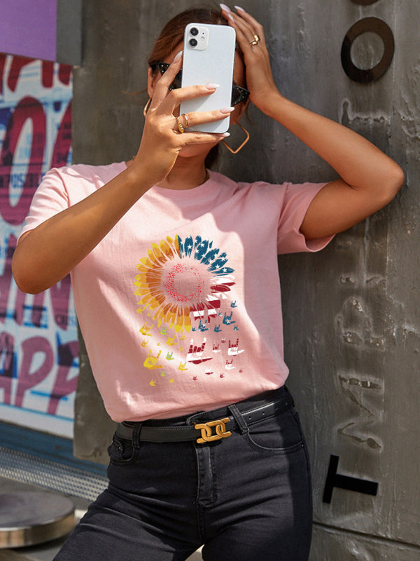 Women's Sunflower Flag Print Short Sleeve T-Shirt-[Adult]-[Female]-Pastel pink-S-2022 Online Blue Zone Planet