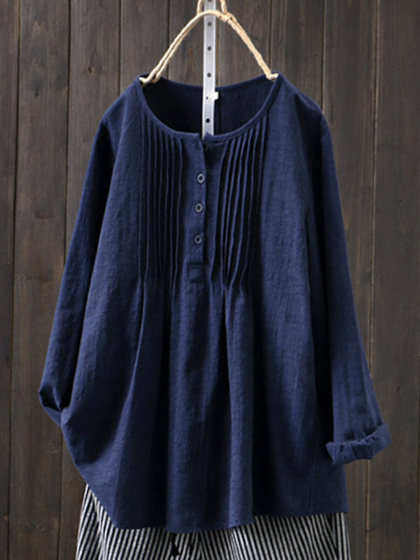 Cotton Linen Pleated Round Neck Long Sleeve Shirt-[Adult]-[Female]-Champlain color-M-2022 Online Blue Zone Planet