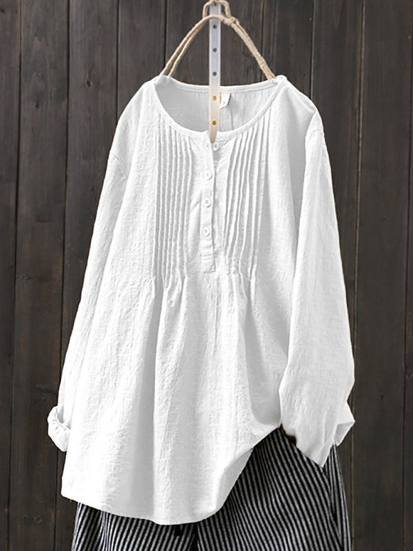 Cotton Linen Pleated Round Neck Long Sleeve Shirt-[Adult]-[Female]-White-M-2022 Online Blue Zone Planet