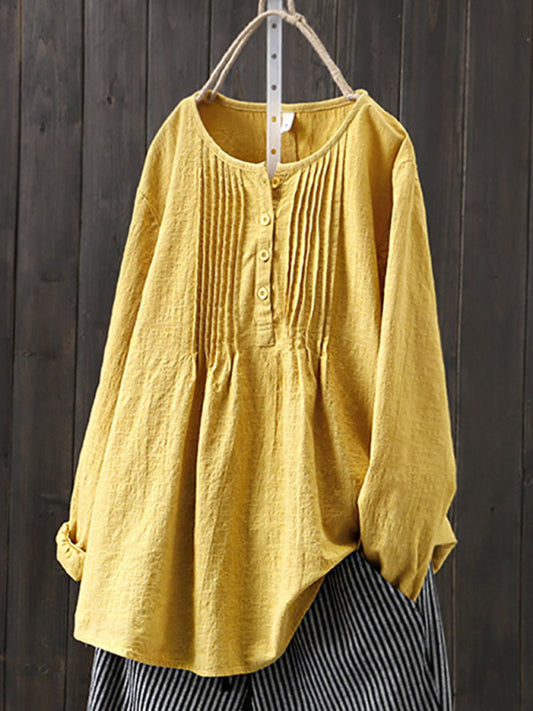 Cotton Linen Pleated Round Neck Long Sleeve Shirt-[Adult]-[Female]-Yellow-M-2022 Online Blue Zone Planet