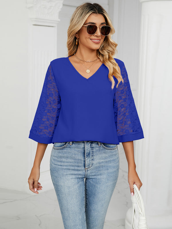 Blue Zone Planet |  Spring and summer loose v-neck seven-point lace trumpet sleeve stitching chiffon shirt BLUE ZONE PLANET