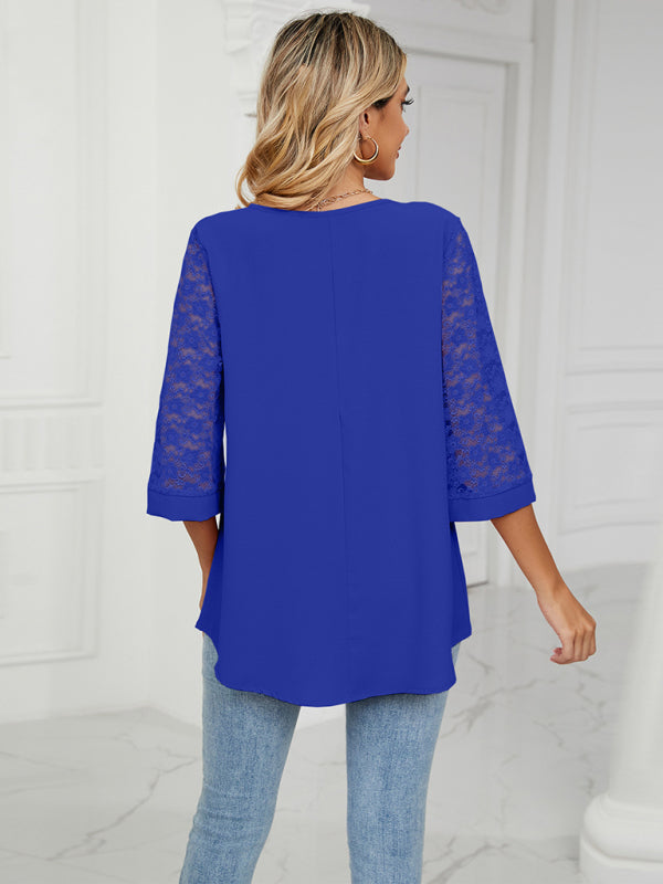 Blue Zone Planet |  Spring and summer loose v-neck seven-point lace trumpet sleeve stitching chiffon shirt BLUE ZONE PLANET