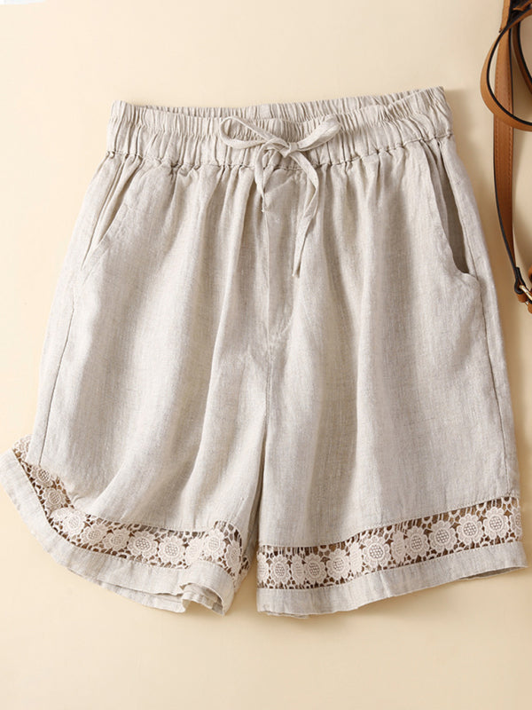 woven cotton linen hollow lace loose shorts-[Adult]-[Female]-Cracker khaki-M-2022 Online Blue Zone Planet