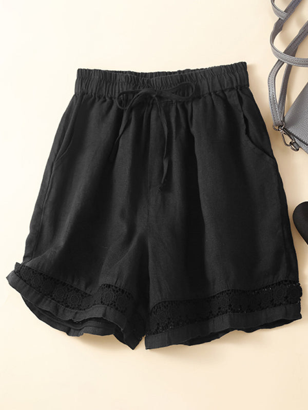 woven cotton linen hollow lace loose shorts-[Adult]-[Female]-Black-M-2022 Online Blue Zone Planet