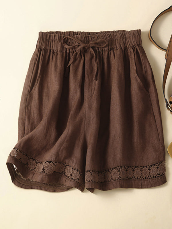 woven cotton linen hollow lace loose shorts-[Adult]-[Female]-Coffee-M-2022 Online Blue Zone Planet