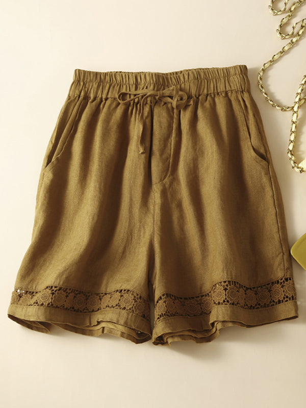 woven cotton linen hollow lace loose shorts-[Adult]-[Female]-Ginger yellow-M-2022 Online Blue Zone Planet