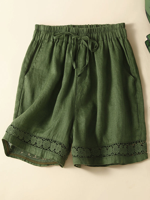 woven cotton linen hollow lace loose shorts-[Adult]-[Female]-Green-M-2022 Online Blue Zone Planet