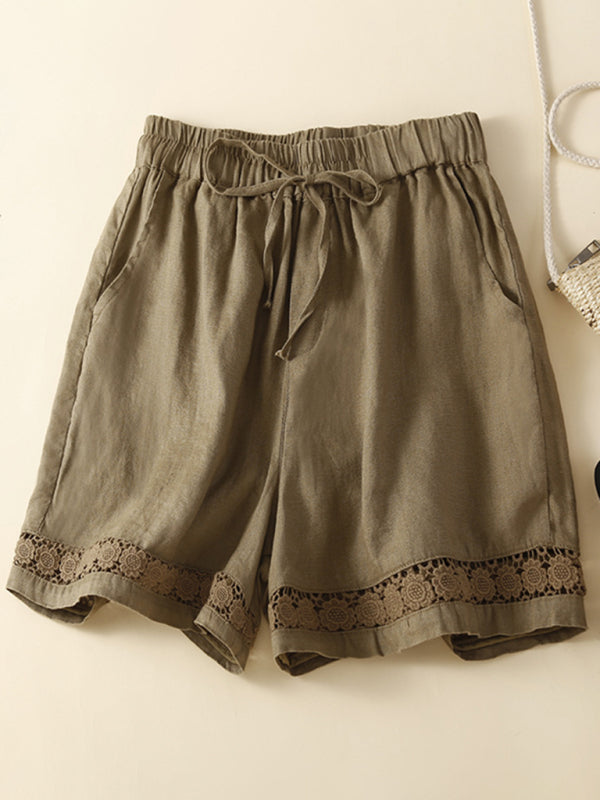 Blue Planet woven cotton linen hollow lace loose shorts Blue