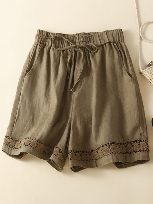 woven cotton linen hollow lace loose shorts-[Adult]-[Female]-Khaki-M-2022 Online Blue Zone Planet