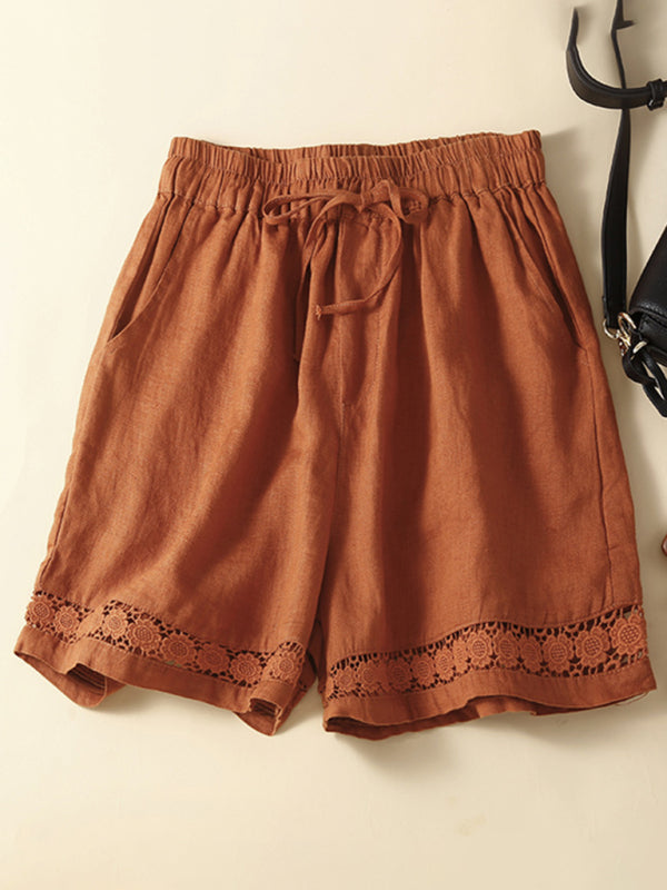 woven cotton linen hollow lace loose shorts-[Adult]-[Female]-Orange-M-2022 Online Blue Zone Planet