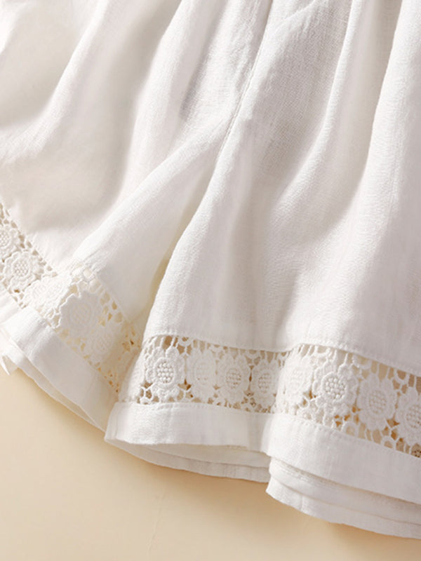 woven cotton linen hollow lace loose shorts-[Adult]-[Female]-2022 Online Blue Zone Planet