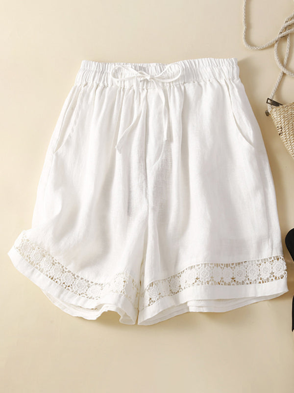 woven cotton linen hollow lace loose shorts-[Adult]-[Female]-White-M-2022 Online Blue Zone Planet