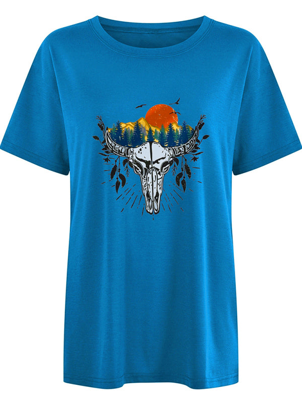 Western Bullhead Print Short Sleeve T-Shirt-[Adult]-[Female]-2022 Online Blue Zone Planet