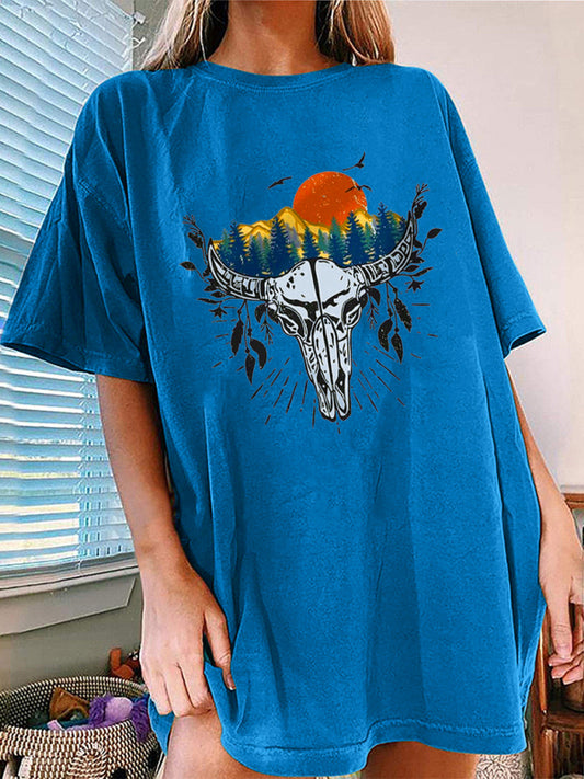 Western Bullhead Print Short Sleeve T-Shirt-[Adult]-[Female]-Blue-S-2022 Online Blue Zone Planet