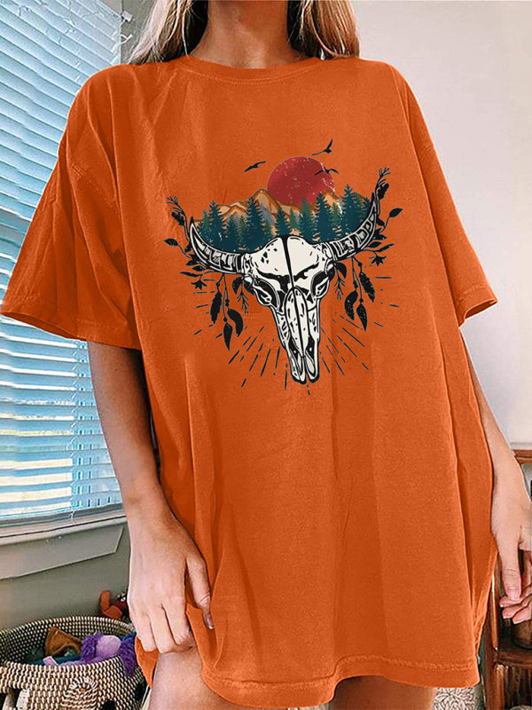 Western Bullhead Print Short Sleeve T-Shirt-[Adult]-[Female]-Orange-S-2022 Online Blue Zone Planet