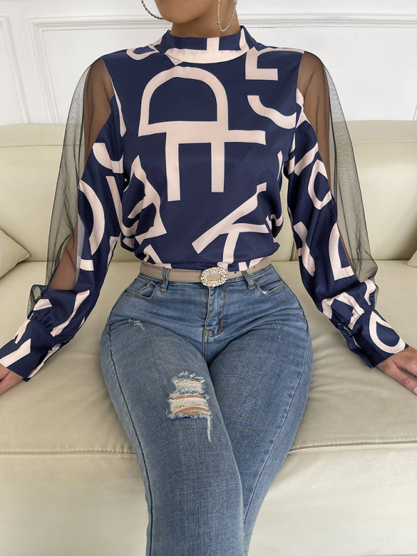 Blue Zone Planet | geometric print stitching mesh round neck long-sleeved top BLUE ZONE PLANET
