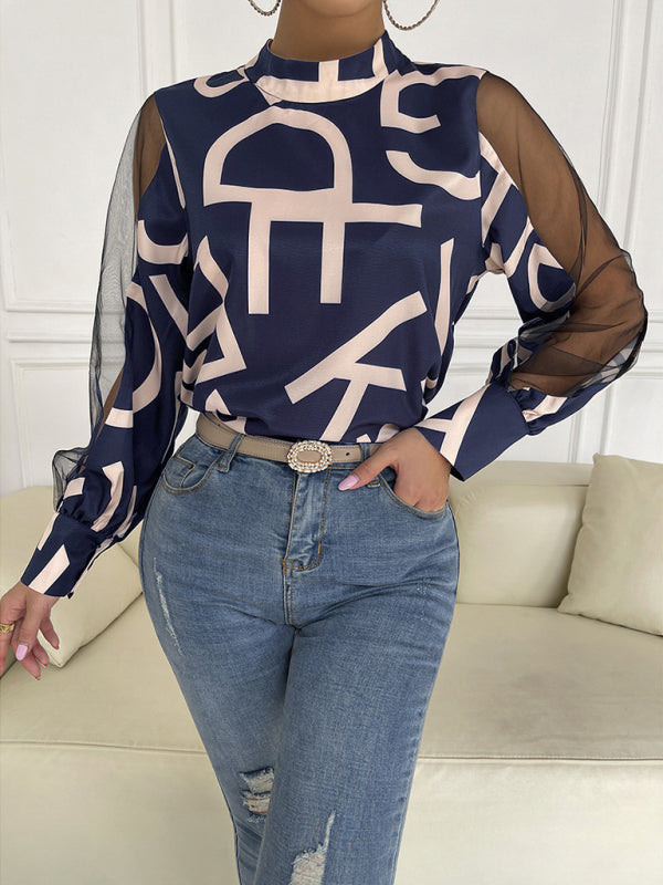 Blue Zone Planet | geometric print stitching mesh round neck long-sleeved top BLUE ZONE PLANET