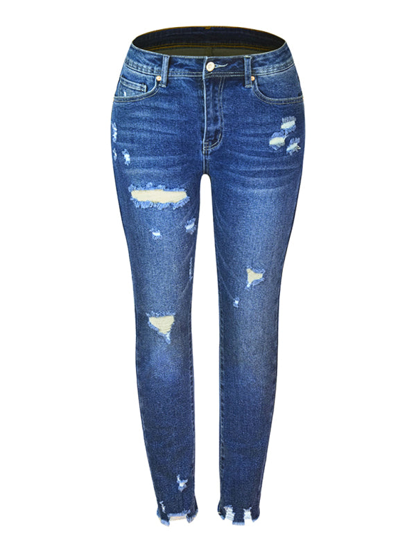 Washed Frayed Tassel Slim High Elastic Skinny Jeans-[Adult]-[Female]-2022 Online Blue Zone Planet