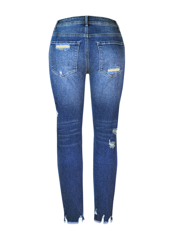 Washed Frayed Tassel Slim High Elastic Skinny Jeans-[Adult]-[Female]-2022 Online Blue Zone Planet