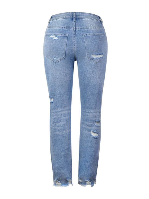 Washed Frayed Tassel Slim High Elastic Skinny Jeans-[Adult]-[Female]-2022 Online Blue Zone Planet