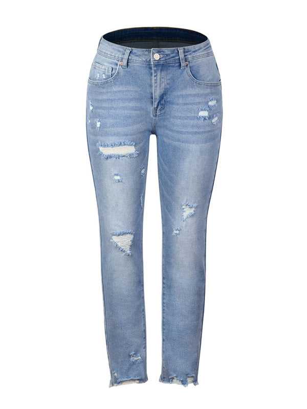 Washed Frayed Tassel Slim High Elastic Skinny Jeans-[Adult]-[Female]-2022 Online Blue Zone Planet