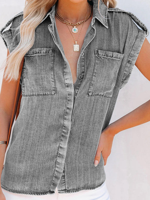 Sleeveless Denim Shirt Straight Pocket Oversized Top BLUE ZONE PLANET