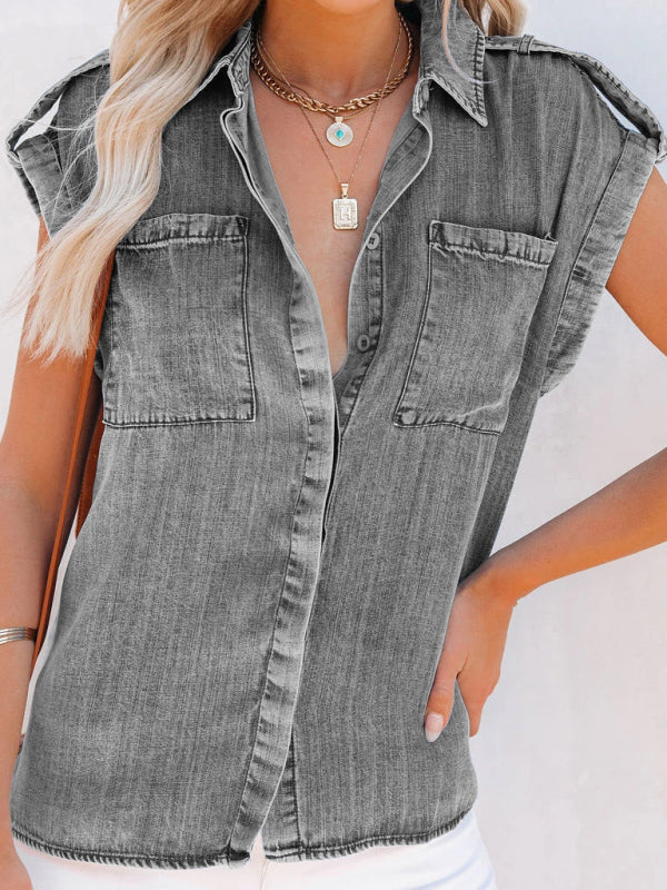 Sleeveless Denim Shirt Straight Pocket Oversized Top BLUE ZONE PLANET