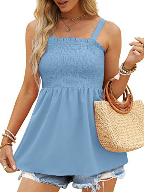 Blue Zone Planet |  Solid Color Camisole Ruffle Pleated Tank Top BLUE ZONE PLANET