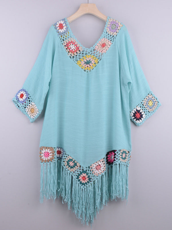 Three-quarter sleeve chain link flower splicing irregular tassel anti-sun blouse ethnic style dress kakaclo