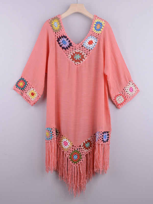 Three-quarter sleeve chain link flower splicing irregular tassel anti-sun blouse ethnic style dress kakaclo
