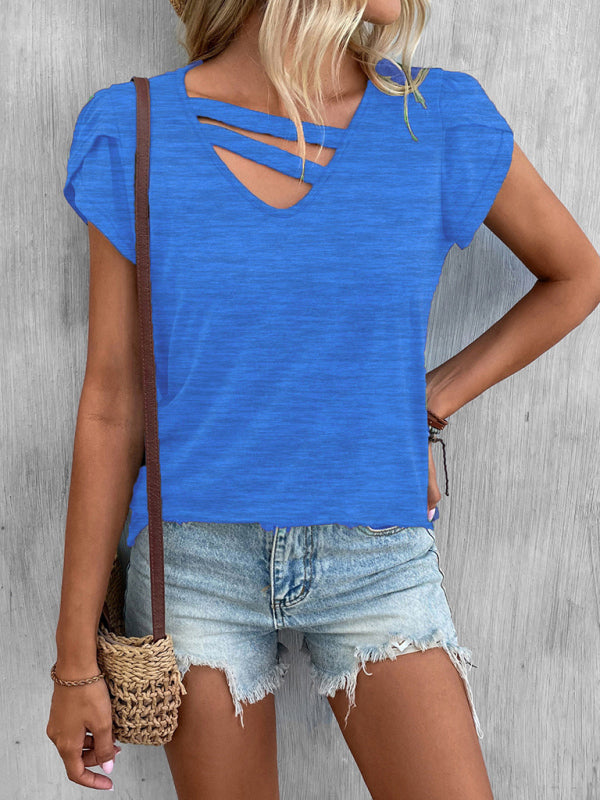 Blue Zone Planet | New Ladies Solid Color V-Neck Petal Sleeve Loose T-Shirt-[Adult]-[Female]-Blue-S-2022 Online Blue Zone Planet