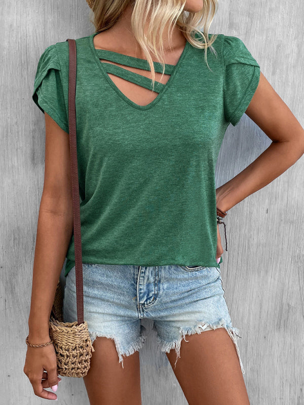 Blue Zone Planet | New Ladies Solid Color V-Neck Petal Sleeve Loose T-Shirt-[Adult]-[Female]-Green-S-2022 Online Blue Zone Planet