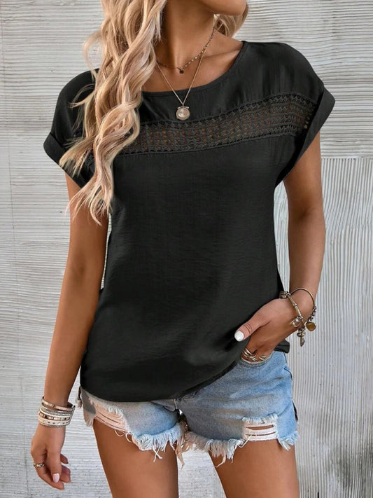Women's summer new casual solid color stitching lace hollow short-sleeved top-[Adult]-[Female]-Black-S-2022 Online Blue Zone Planet