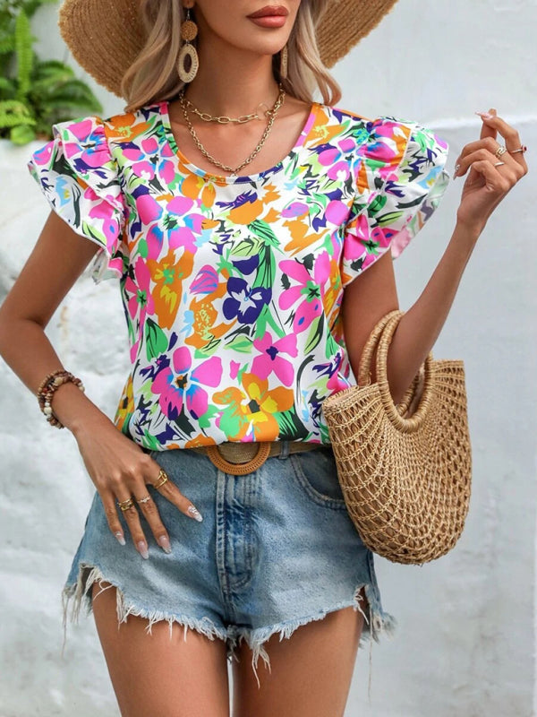 Women's Summer New Fashion Floral Print Double Layer Feifei Short Sleeve Shirt-[Adult]-[Female]-2022 Online Blue Zone Planet