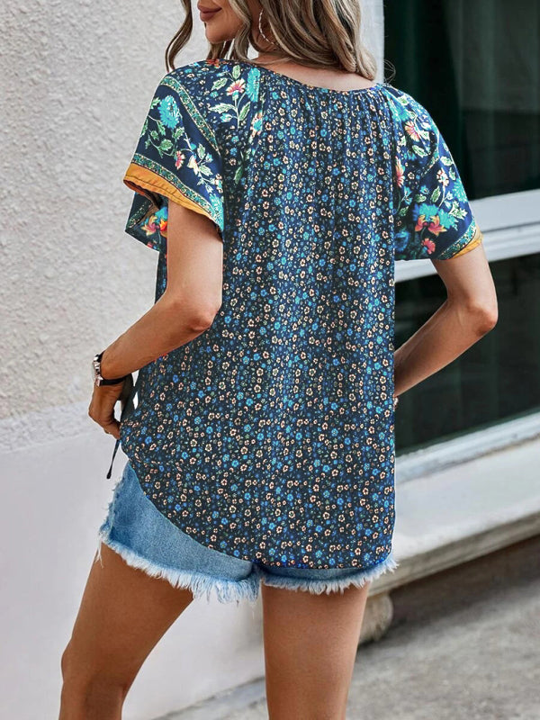 Blue Zone Planet | Women's casual ethnic style printed V-neck short-sleeved loose shirt-[Adult]-[Female]-2022 Online Blue Zone Planet