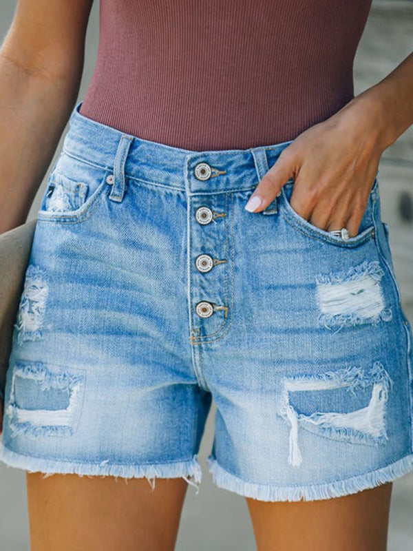 New style ripped patch tassel personality one-row button denim shorts hot pants-TOPS / DRESSES-[Adult]-[Female]-Blue-S-2022 Online Blue Zone Planet