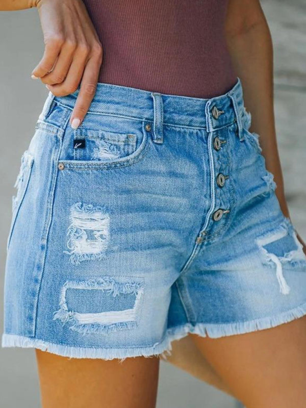 New style ripped patch tassel personality one-row button denim shorts hot pants-TOPS / DRESSES-[Adult]-[Female]-2022 Online Blue Zone Planet