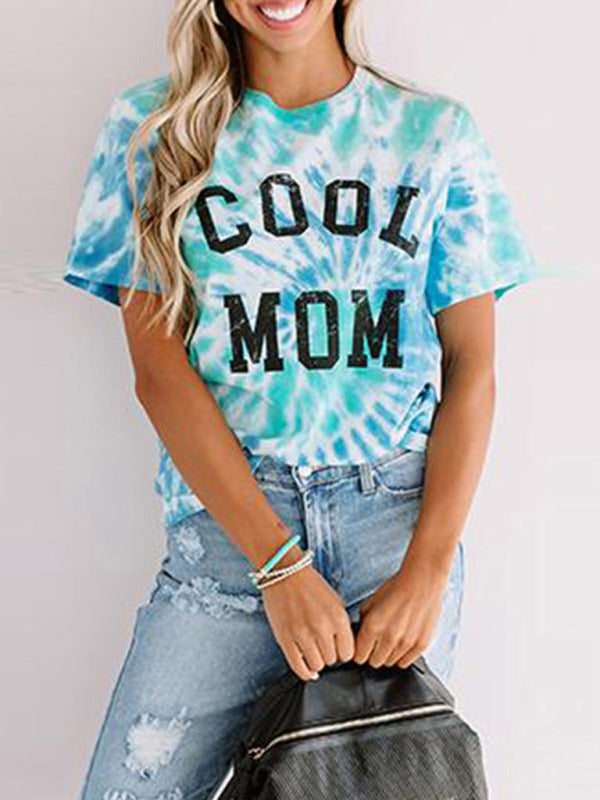 Mother's Day Letter Print Tie Dye Short Sleeve T-Shirt BLUE ZONE PLANET