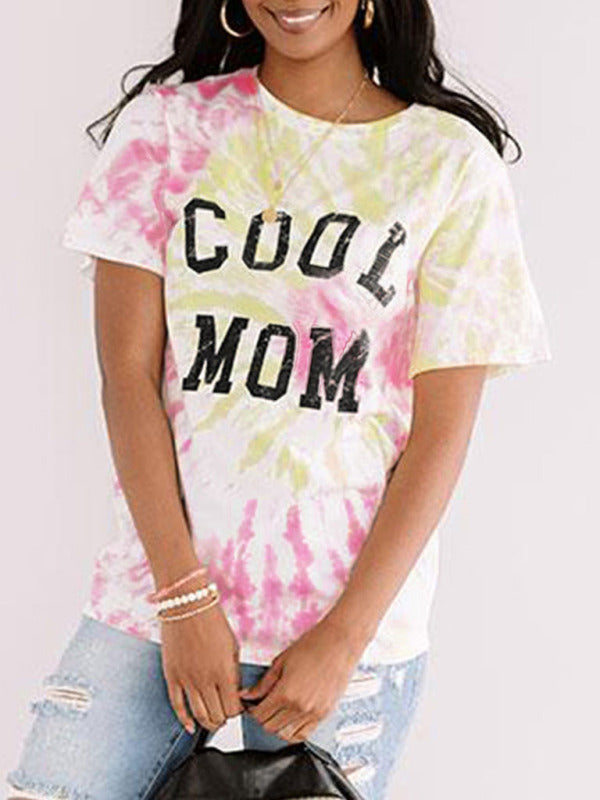 Mother's Day Letter Print Tie Dye Short Sleeve T-Shirt BLUE ZONE PLANET