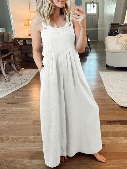 Blue Zone Planet | cotton and linen loose all-match one-piece wide-leg overalls trousers-TOPS / DRESSES-[Adult]-[Female]-White-S-2022 Online Blue Zone Planet