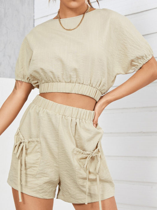 Women's Casual Backless Design Knotted Top Shorts Two-Piece Set-TOPS / DRESSES-[Adult]-[Female]-Khaki-S-2022 Online Blue Zone Planet