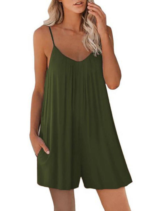 Blue Zone Planet | Women's Casual Suspender Shorts Solid Color Round Neck Loose Pocket Jumpsuit-TOPS / DRESSES-[Adult]-[Female]-Green-S-2022 Online Blue Zone Planet