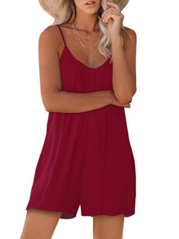 Blue Zone Planet | Women's Casual Suspender Shorts Solid Color Round Neck Loose Pocket Jumpsuit-TOPS / DRESSES-[Adult]-[Female]-Red-S-2022 Online Blue Zone Planet