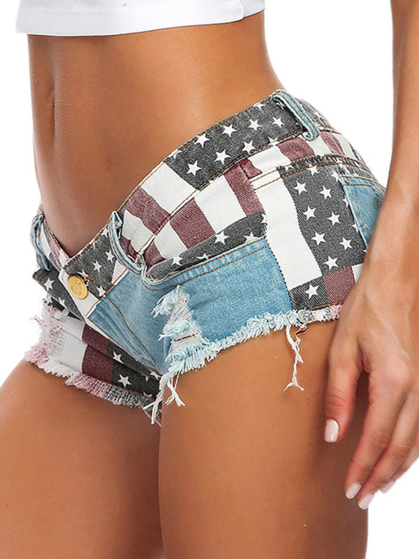 Flag Print Low Rise Denim Shorts-[Adult]-[Female]-2022 Online Blue Zone Planet