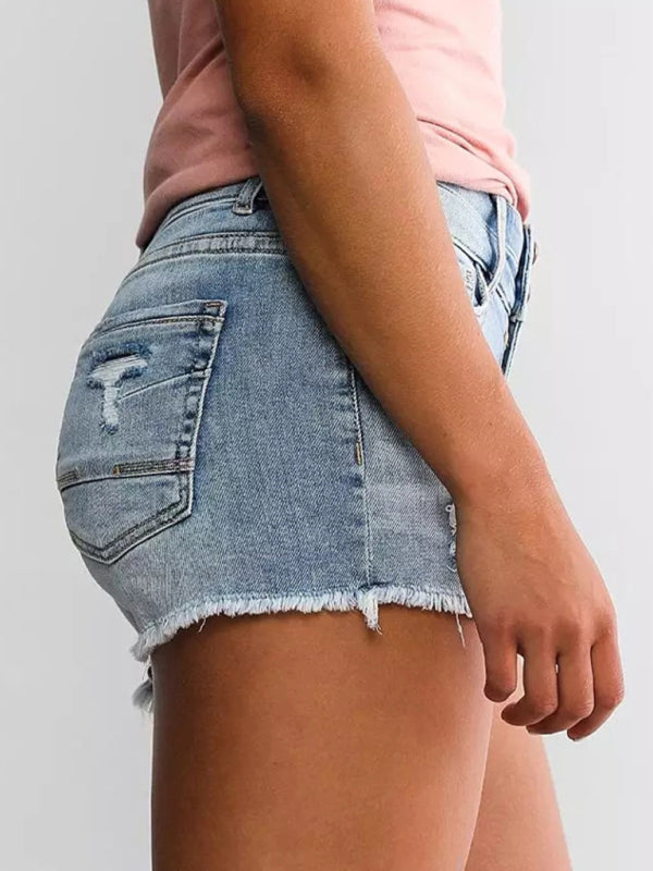 Blue Zone Planet | High Waist Two Button Ripped Denim Shorts-BOTTOMS SIZES SMALL MEDIUM LARGE-[Adult]-[Female]-2022 Online Blue Zone Planet