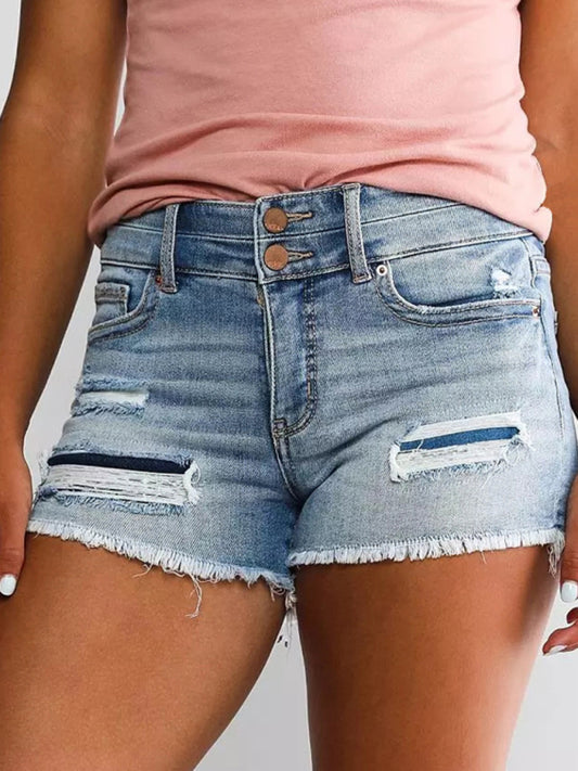 Blue Zone Planet | High Waist Two Button Ripped Denim Shorts-BOTTOMS SIZES SMALL MEDIUM LARGE-[Adult]-[Female]-Blue-S-2022 Online Blue Zone Planet