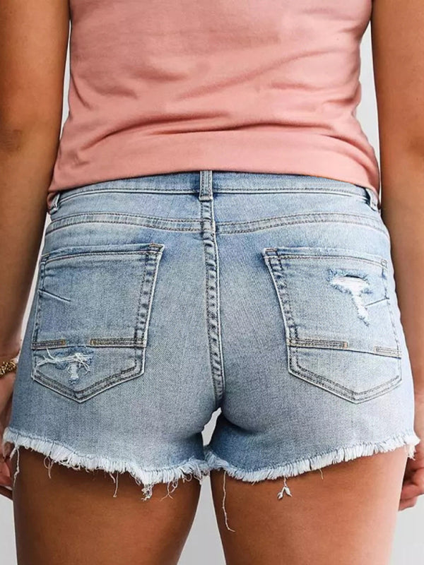 Blue Zone Planet | High Waist Two Button Ripped Denim Shorts-BOTTOMS SIZES SMALL MEDIUM LARGE-[Adult]-[Female]-2022 Online Blue Zone Planet