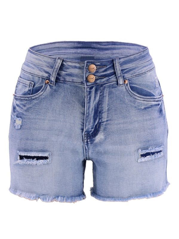 Blue Zone Planet | High Waist Two Button Ripped Denim Shorts-BOTTOMS SIZES SMALL MEDIUM LARGE-[Adult]-[Female]-2022 Online Blue Zone Planet